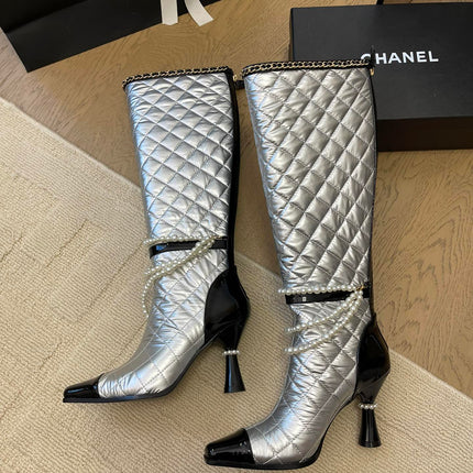 KNEE HIGH BOOTS 8 CM IN SILVER MIX BLACK CALFSKIN WITH PEARL CHAIN