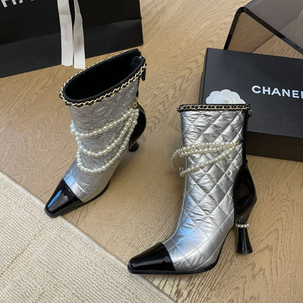 HIGH HEELS 8CM BOOTS IN SILVER MIX BLACK CALFSKIN WITH PEARL CHAIN