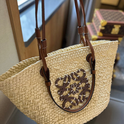LOE SMALL ANAGRAM BASKET 28 BAG IN NATURAL MIX BROWN IRACA PALM AND CALFSKIN
