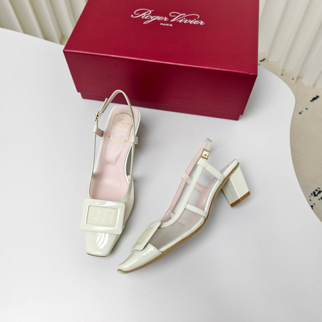 ROGER VIVIER 25S BELLE VIVIER SLINGBACK PUMPS 45MM IN LIGHT SAGE MESH FABRIC