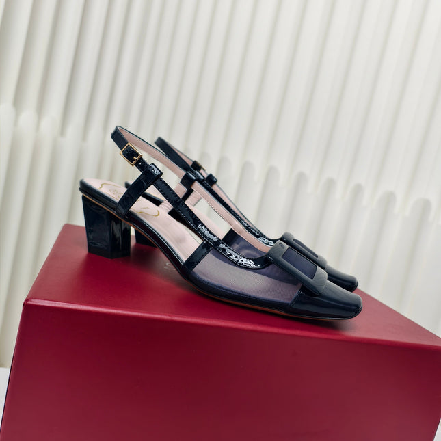 ROGER VIVIER 25S BELLE VIVIER SLINGBACK PUMPS 45MM IN NAVY BLUE MESH FABRIC