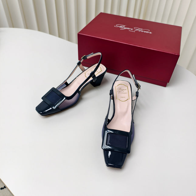 ROGER VIVIER 25S BELLE VIVIER SLINGBACK PUMPS 45MM IN NAVY BLUE MESH FABRIC