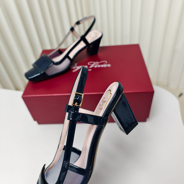 ROGER VIVIER 25S BELLE VIVIER SLINGBACK PUMPS 45MM IN NAVY BLUE MESH FABRIC