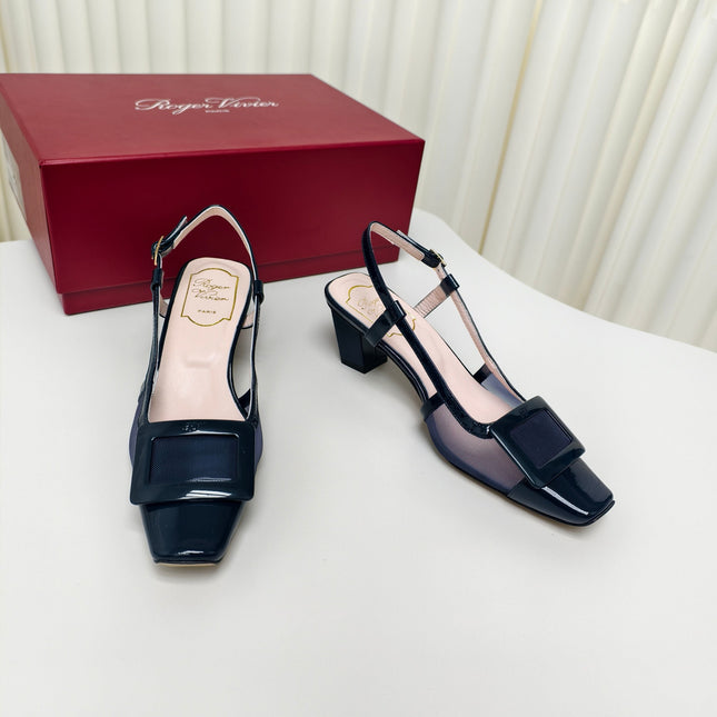 ROGER VIVIER 25S BELLE VIVIER SLINGBACK PUMPS 45MM IN NAVY BLUE MESH FABRIC