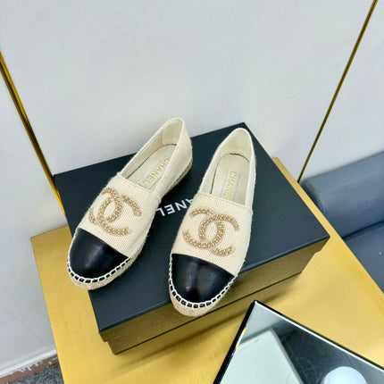 CC ESPADRILLES PLATFORM 25S IN CREAM WHITE KNITTED WOOL AND BLACK LAMBSKIN