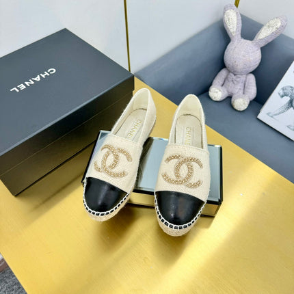 CC ESPADRILLES PLATFORM 25S IN CREAM WHITE KNITTED WOOL AND BLACK LAMBSKIN