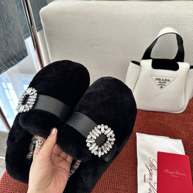 SLIDY VIV' MULES IN BLACK WOOL WITH STRASS BUCKLE