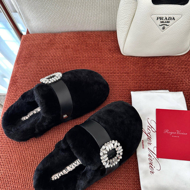 SLIDY VIV' MULES IN BLACK WOOL WITH STRASS BUCKLE
