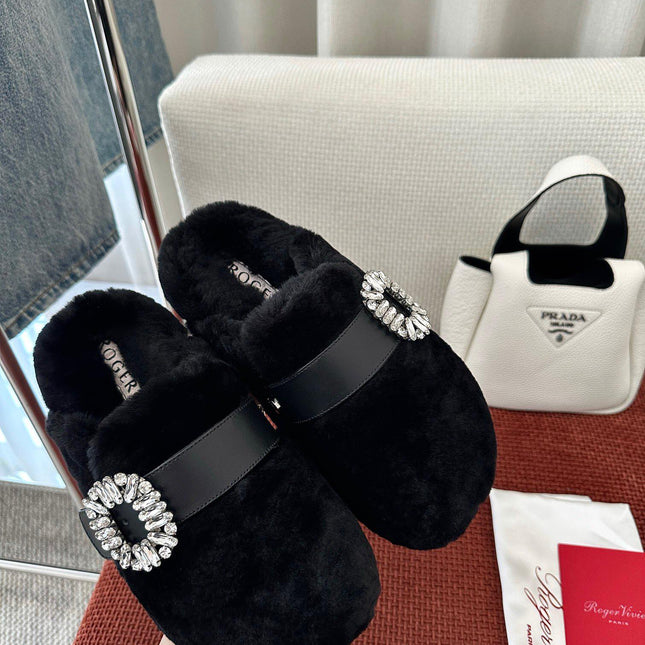 SLIDY VIV' MULES IN BLACK WOOL WITH STRASS BUCKLE