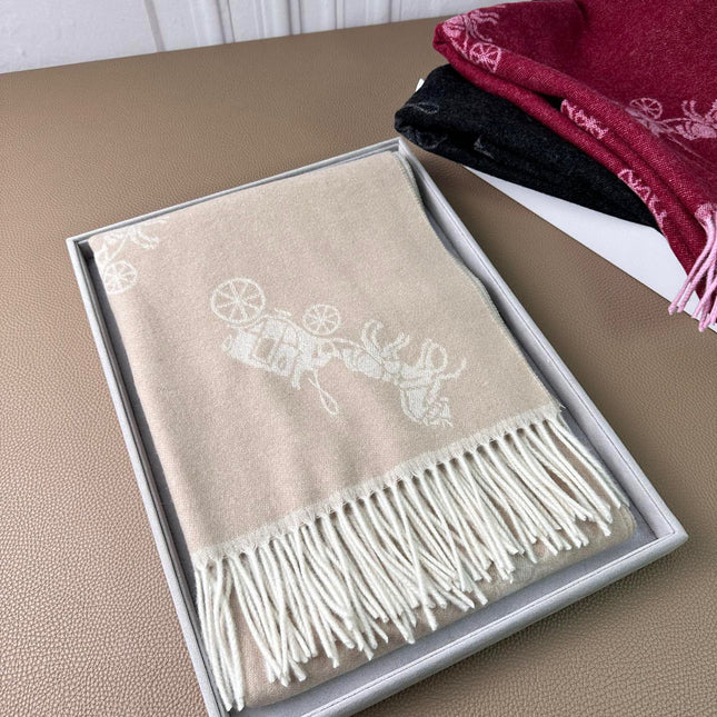 HORSE & CARRIAGE PRINT SCARF 195 CM IN BEIGE WOOL 375241