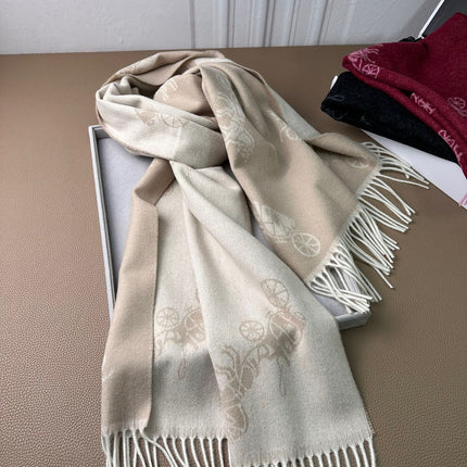 HORSE & CARRIAGE PRINT SCARF 195 CM IN BEIGE WOOL 375241