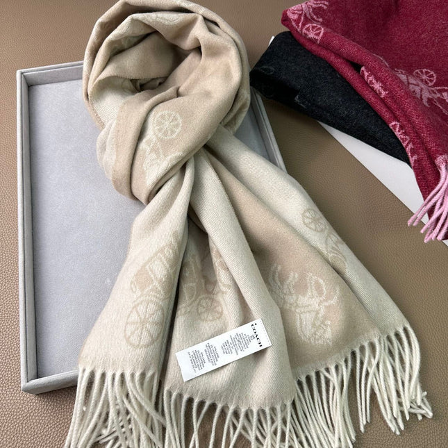 HORSE & CARRIAGE PRINT SCARF 195 CM IN BEIGE WOOL 375241