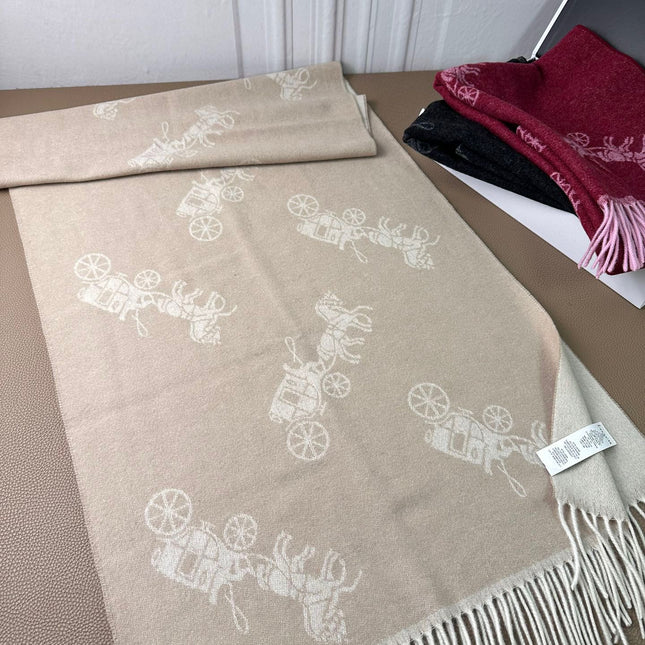 HORSE & CARRIAGE PRINT SCARF 195 CM IN BEIGE WOOL 375241