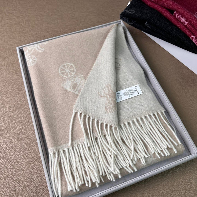 HORSE & CARRIAGE PRINT SCARF 195 CM IN BEIGE WOOL 375241