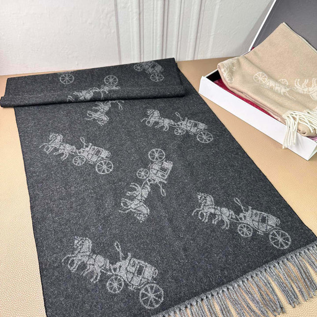HORSE & CARRIAGE PRINT SCARF 195 CM IN BLACK WOOL 375242