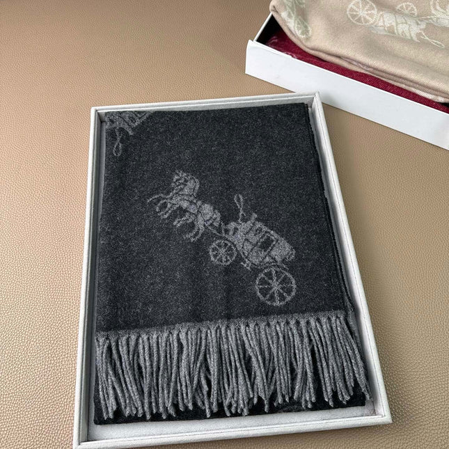 HORSE & CARRIAGE PRINT SCARF 195 CM IN BLACK WOOL 375242