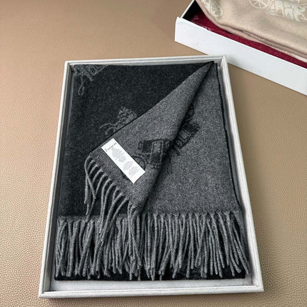 HORSE & CARRIAGE PRINT SCARF 195 CM IN BLACK WOOL 375242