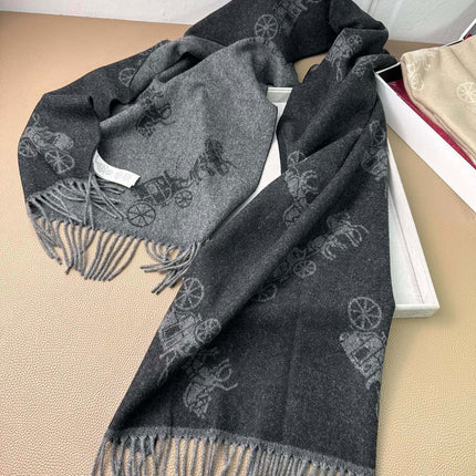 HORSE & CARRIAGE PRINT SCARF 195 CM IN BLACK WOOL 375242