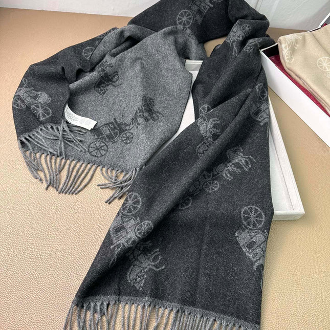 HORSE & CARRIAGE PRINT SCARF 195 CM IN BLACK WOOL 375242