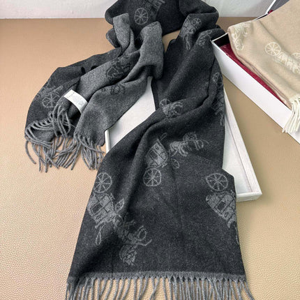 HORSE & CARRIAGE PRINT SCARF 195 CM IN BLACK WOOL 375242