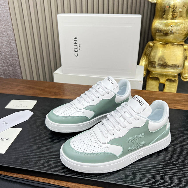 SNEAKER WITH TRIOMPHE IN WHITE MIX PEWTER GREEN CALFSKIN