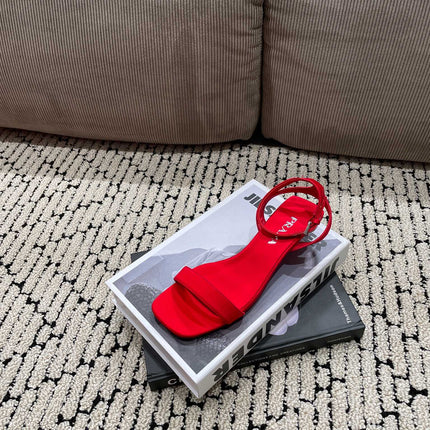 PRA TRIANGLE HEEL SATIN SANDALS CRIMSON