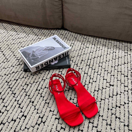 PRA TRIANGLE HEEL SATIN SANDALS CRIMSON