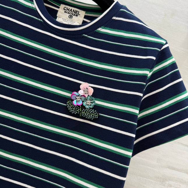 CC Beaded Flowers Shirt Dark Blue Cotton