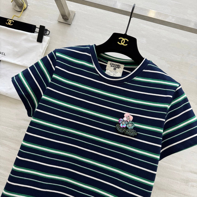 CC Beaded Flowers Shirt Dark Blue Cotton