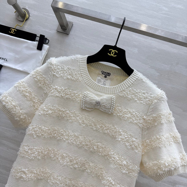 CC Short Sleeve Knitted T-shirt Ivory Imported Fabric
