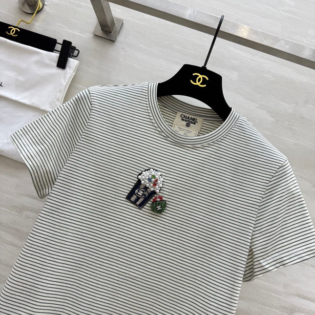 CC Beaded T-shirt Gray White Cotton