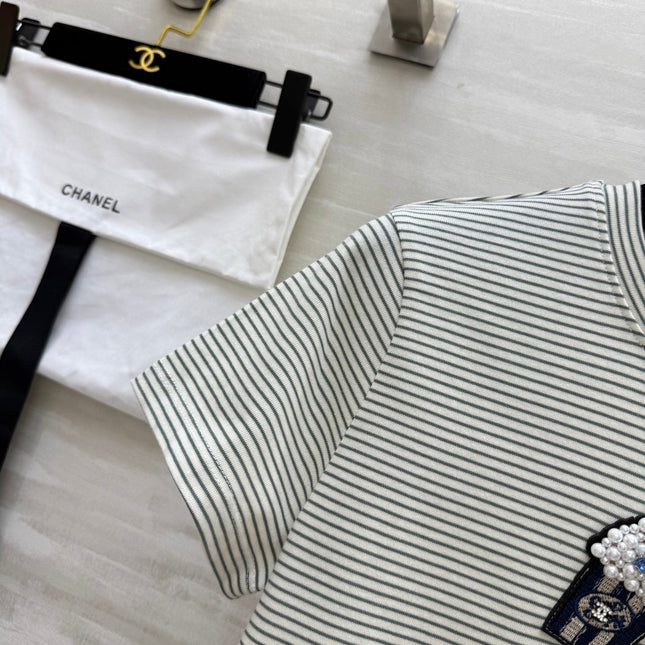 CC Beaded T-shirt Gray White Cotton