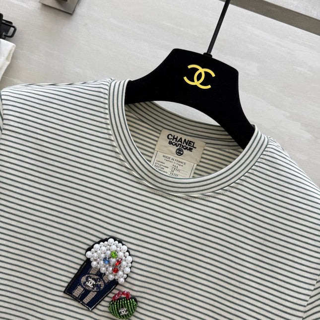 CC Beaded T-shirt Gray White Cotton