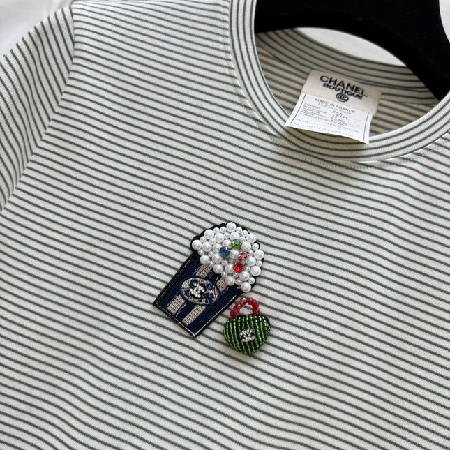 CC Beaded T-shirt Gray White Cotton