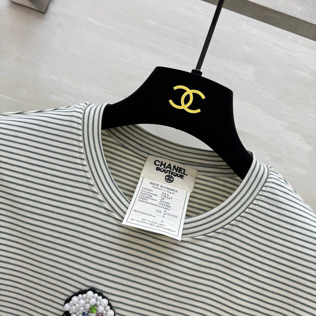 CC Beaded T-shirt Gray White Cotton