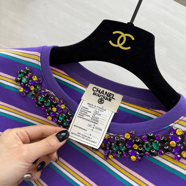 CC Strip Beaded T-shirt Purple Cotton