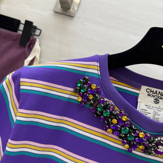 CC Strip Beaded T-shirt Purple Cotton