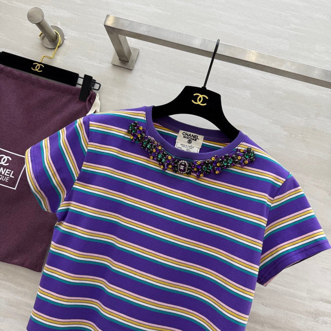 CC Strip Beaded T-shirt Purple Cotton
