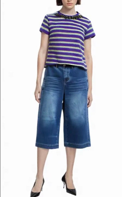 CC Strip Beaded T-shirt Purple Cotton