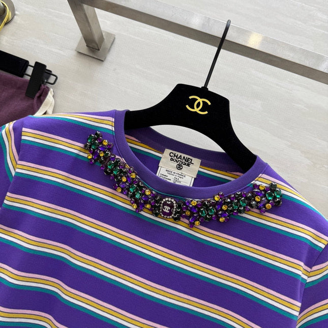 CC Strip Beaded T-shirt Purple Cotton