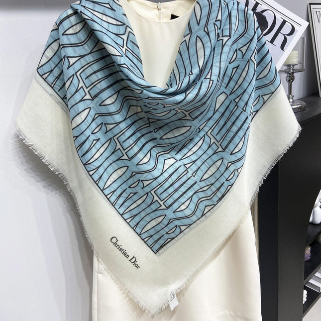 MISS DIOR ALLOVER SHAWL 140 CM IN POWDER BLUE MIX WHITE SILK CASHMERE 411630