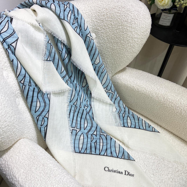 MISS DIOR ALLOVER SHAWL 140 CM IN POWDER BLUE MIX WHITE SILK CASHMERE 411630
