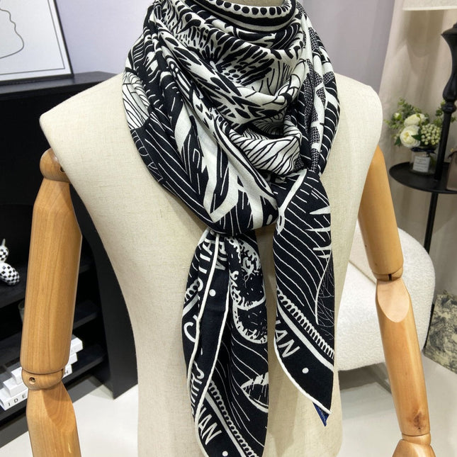 SQUARE SCARF 140 CM IN BLACK MIX WHITE MONOGRAM WOOL AND SILK 415109