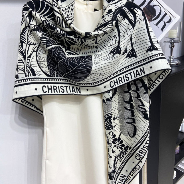 SQUARE SCARF 140 CM IN BLACK MIX WHITE MONOGRAM WOOL AND SILK 415111