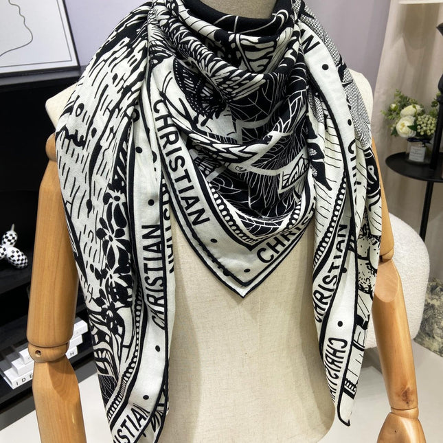 SQUARE SCARF 140 CM IN BLACK MIX WHITE MONOGRAM WOOL AND SILK 415111