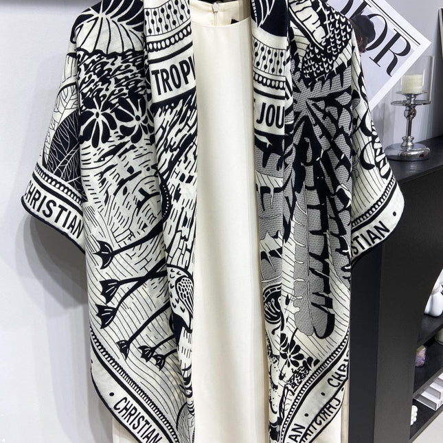 SQUARE SCARF 140 CM IN BLACK MIX WHITE MONOGRAM WOOL AND SILK 415111