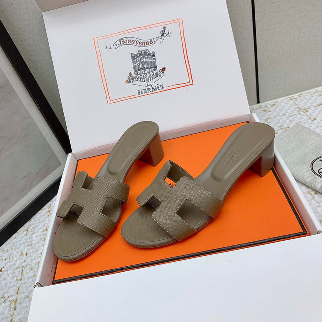 HM OASIS SANDAL HEEL 50MM IN TAUPE BROWN CALFSKIN