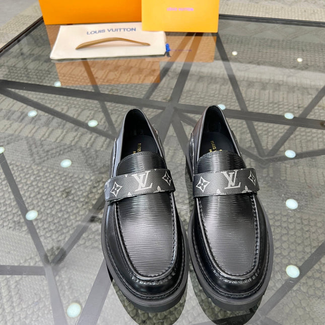 LV LOAFERS BLACK PLAIN CALFSKIN WITH MONOGRAM STRAP