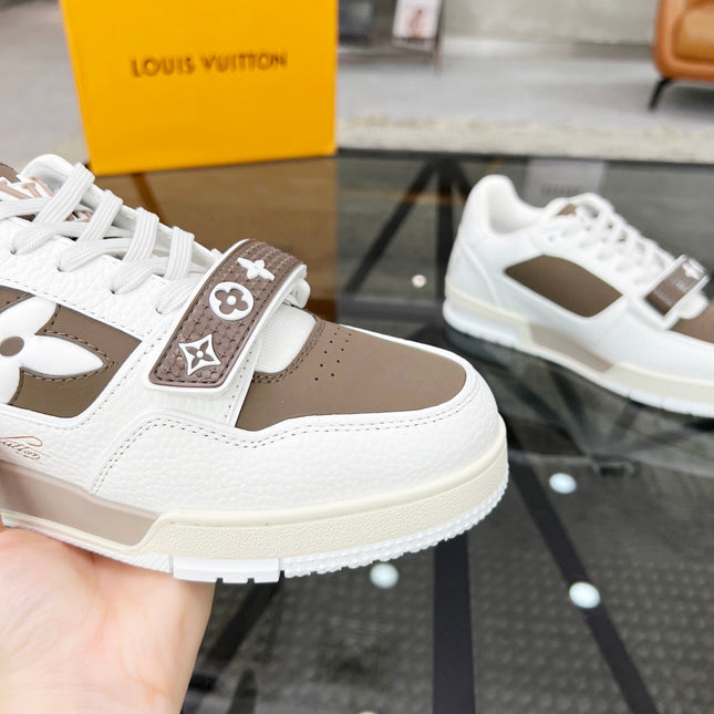 LV TRAINER SNEAKER WHITE CALFSKIN MIX CAMEL BEIGE SUEDE