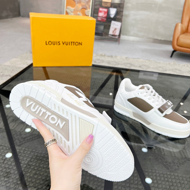 LV TRAINER SNEAKER WHITE CALFSKIN MIX CAMEL BEIGE SUEDE